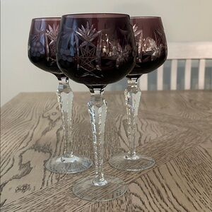 Vintage Amethyst Crystal hock glasses. Set of three